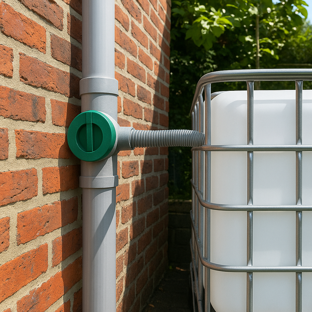 citerne 1000 litres raccordee a la gouttiere contre le mur