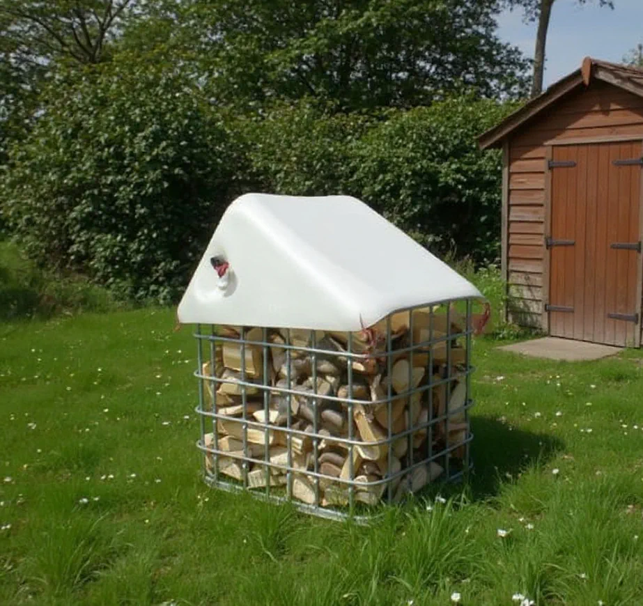 Cuve 1000 litres IBC transformée en abri pour bois de chauffage avec toit fabriqué à partir de la cuve plastique