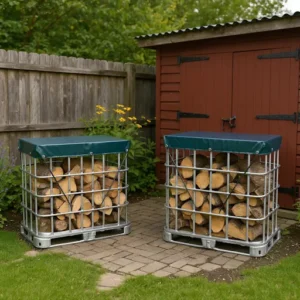 Deux cuves IBC 1000l utilisées pour le stockage bois de chauffage à l’extérieur, placées près d’un abri de jardin
