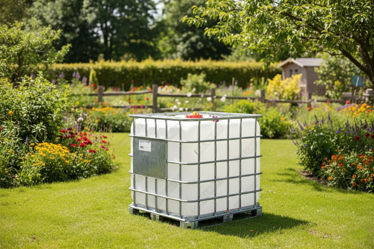 Cuve IBC 1000 litres – blanc – palette acier ou plastique – renouvelé - au jardin Cuve IBC 1000 litres – blanc – palette acier ou plastique – renouvelé - au jardin