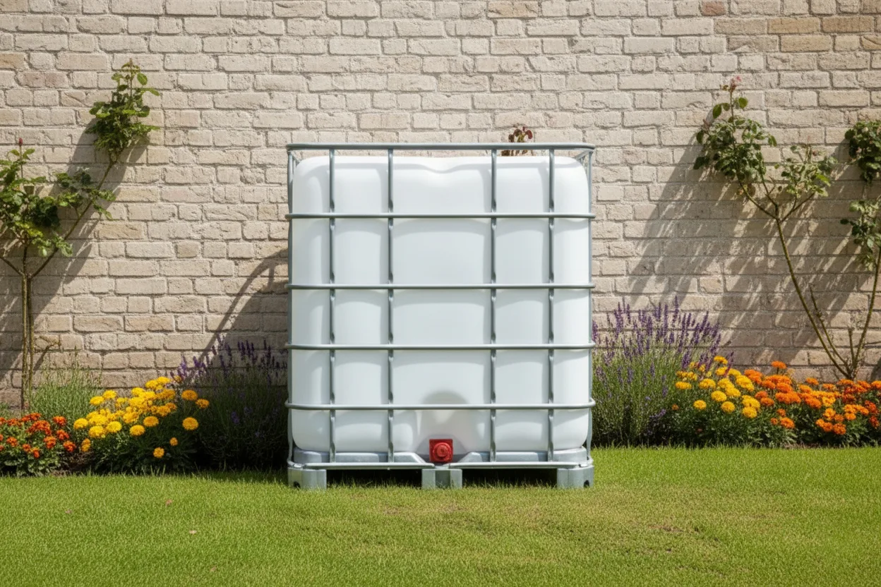 Cuve IBC 1000 litres – blanc – palette acier ou plastique – renouvelé - contre le mur Cuve IBC 1000 litres – blanc – palette acier ou plastique – renouvelé - contre le mur