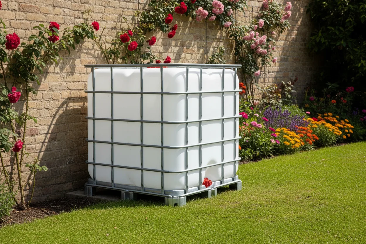 Cuve IBC 1000 litres – blanc – palette acier ou plastique – renouvelé - cotre le mur 2 Cuve IBC 1000 litres – blanc – palette acier ou plastique – renouvelé - cotre le mur 2