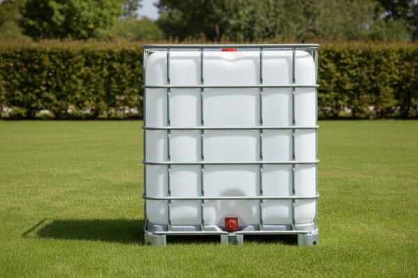 Cuve IBC 1000 litres – blanc – palette acier ou plastique – renouvelé - dans le jardin