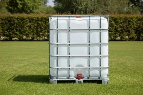 Cuve IBC 1000 litres – blanc – palette acier ou plastique – renouvelé - dans le jardin