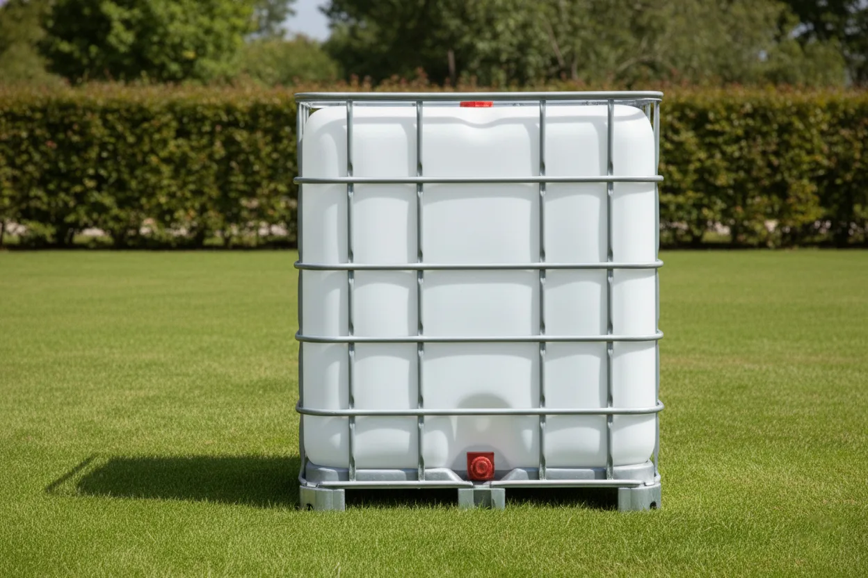 Cuve IBC 1000 litres – blanc – palette acier ou plastique – renouvelé - dans le jardin Cuve IBC 1000 litres – blanc – palette acier ou plastique – renouvelé - dans le jardin