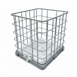 Structure_métallique d’une_cuve_IBC 1000l sur_palette_en_metale, utilisée_pour_stocker le_bois_de_chauffage