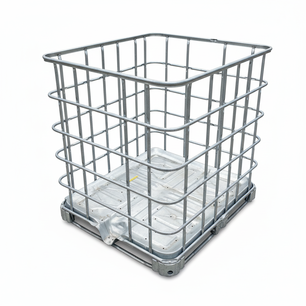 Structure_métallique d’une_cuve_IBC 1000l sur_palette_en_metale, utilisée_pour_stocker le_bois_de_chauffage